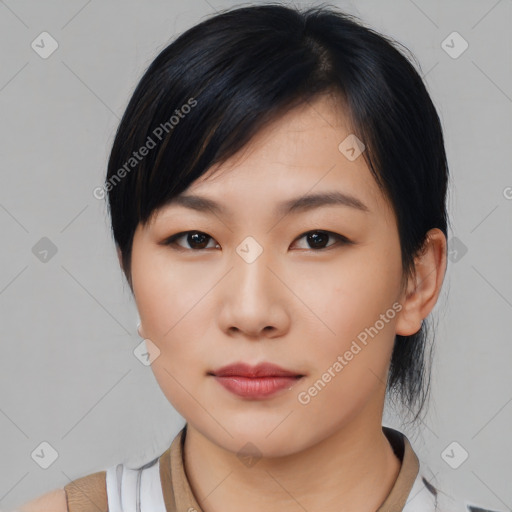 Neutral asian young-adult female with medium  black hair and brown eyes