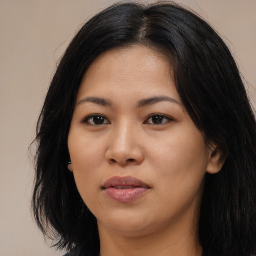 Neutral asian young-adult female with long  black hair and brown eyes