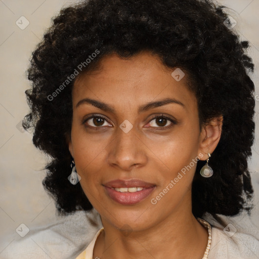 Joyful black young-adult female with medium  black hair and brown eyes