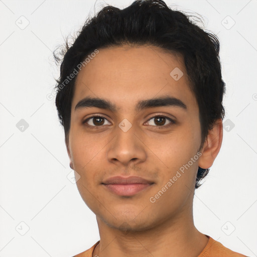 Neutral latino young-adult male with short  black hair and brown eyes