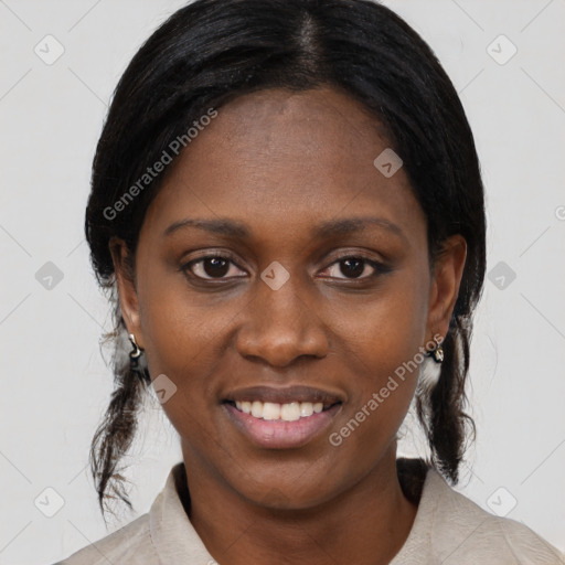 Joyful black young-adult female with medium  black hair and brown eyes