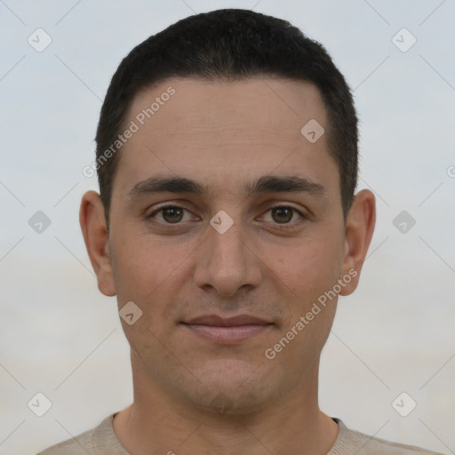 Joyful white young-adult male with short  brown hair and brown eyes