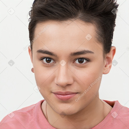 Joyful white young-adult female with short  brown hair and brown eyes