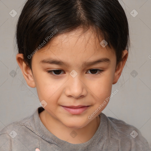 Joyful white child female with medium  brown hair and brown eyes