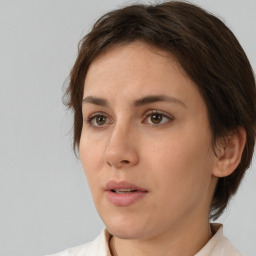 Neutral white young-adult female with short  brown hair and brown eyes