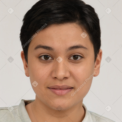 Joyful white young-adult female with short  brown hair and brown eyes