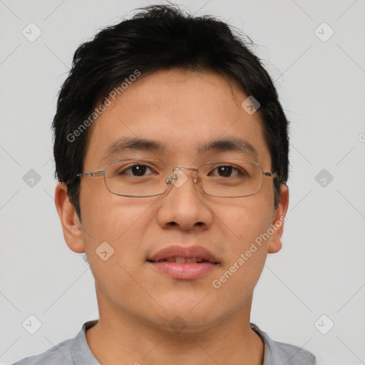 Neutral asian young-adult male with short  brown hair and brown eyes