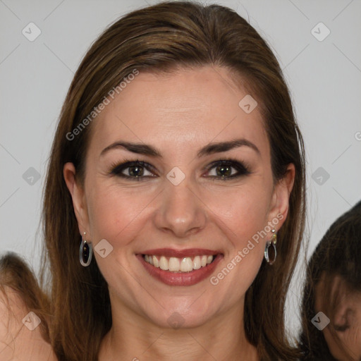 Joyful white young-adult female with long  brown hair and grey eyes