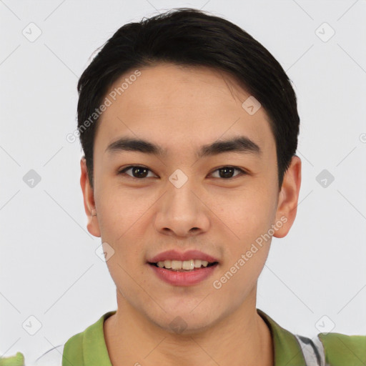 Joyful asian young-adult male with short  black hair and brown eyes