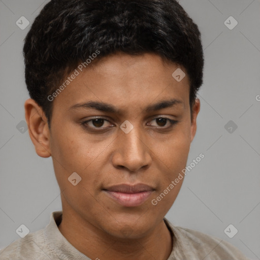 Joyful latino young-adult female with short  brown hair and brown eyes