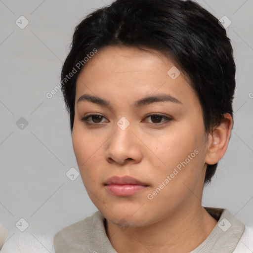 Neutral asian young-adult female with short  black hair and brown eyes