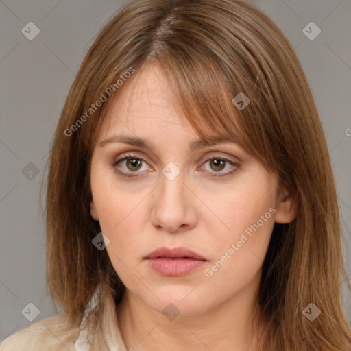 Neutral white young-adult female with medium  brown hair and brown eyes