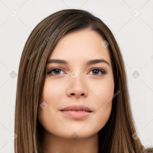 Neutral white young-adult female with long  brown hair and brown eyes