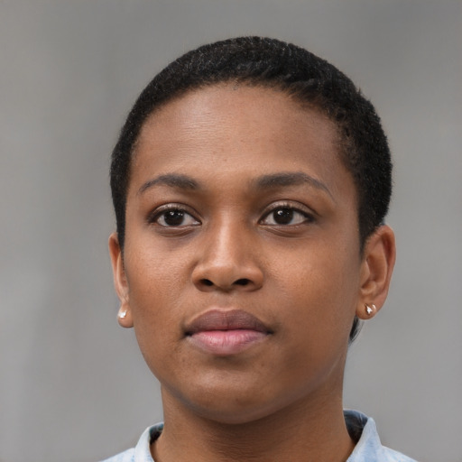 Neutral black young-adult female with short  brown hair and brown eyes