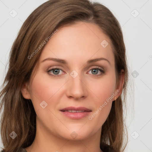 Joyful white young-adult female with long  brown hair and green eyes