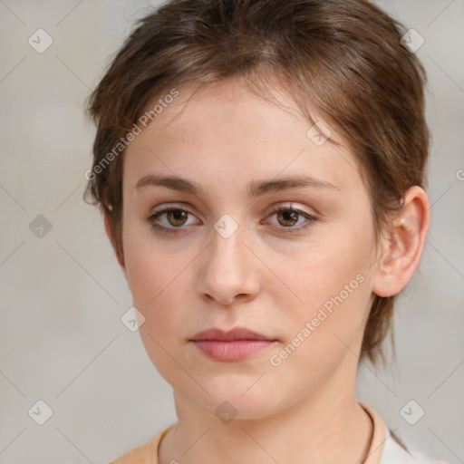 Neutral white young-adult female with medium  brown hair and brown eyes