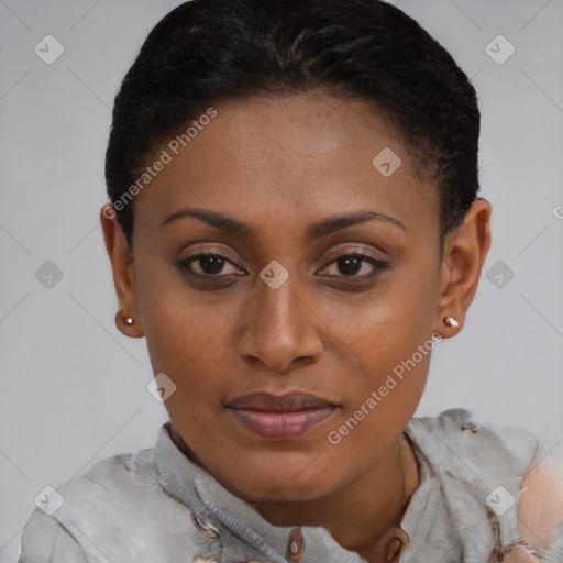 Joyful latino young-adult female with short  brown hair and brown eyes