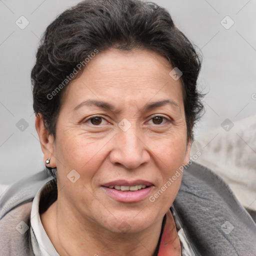 Joyful white adult female with short  brown hair and brown eyes