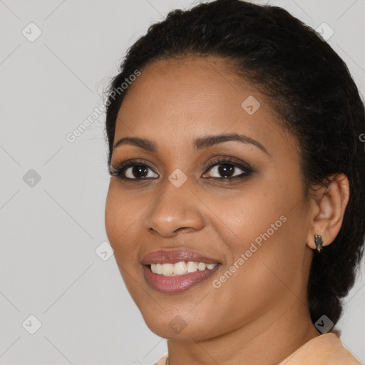 Joyful latino young-adult female with medium  black hair and brown eyes