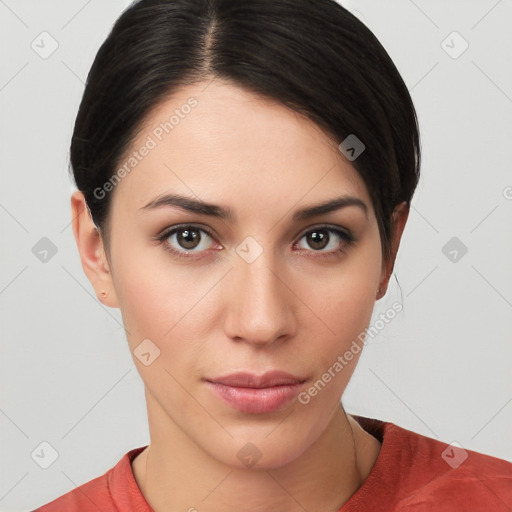 Neutral white young-adult female with medium  brown hair and brown eyes