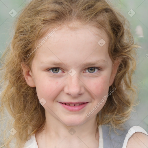 Joyful white child female with medium  brown hair and blue eyes