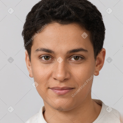 Joyful latino young-adult female with short  brown hair and brown eyes