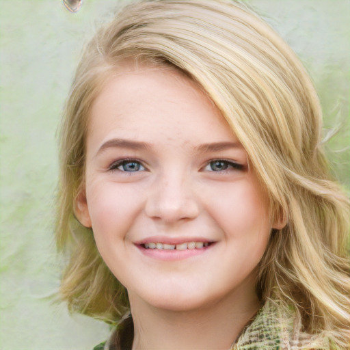 Joyful white young-adult female with medium  brown hair and green eyes