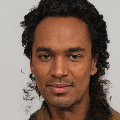 Neutral black adult male with short  black hair and brown eyes