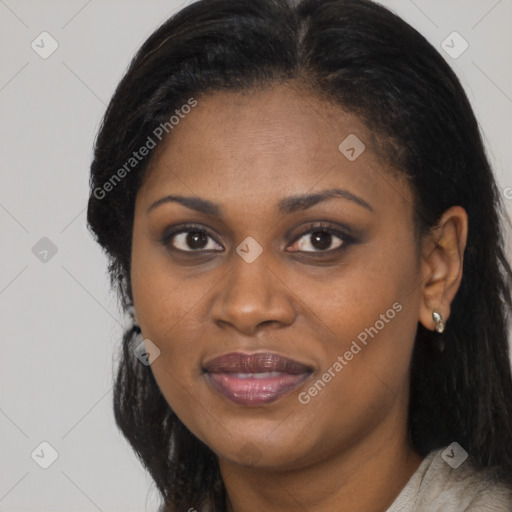 Joyful latino young-adult female with long  brown hair and brown eyes