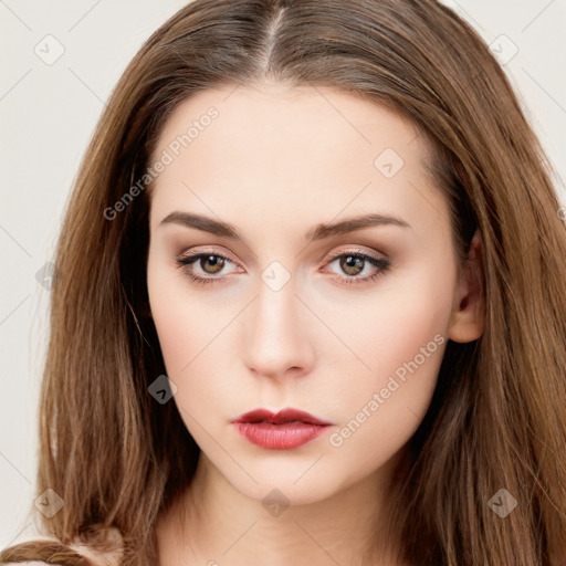 Neutral white young-adult female with long  brown hair and brown eyes