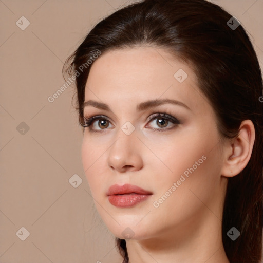 Neutral white young-adult female with long  brown hair and brown eyes