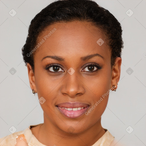 Joyful latino young-adult female with short  brown hair and brown eyes