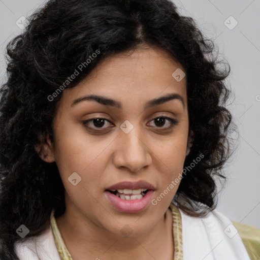 Joyful latino young-adult female with long  brown hair and brown eyes