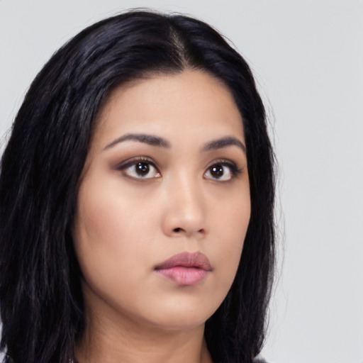 Neutral asian young-adult female with long  black hair and brown eyes