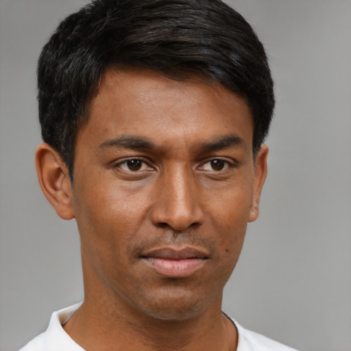 Neutral asian young-adult male with short  black hair and brown eyes