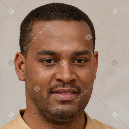 Neutral latino young-adult male with short  brown hair and brown eyes