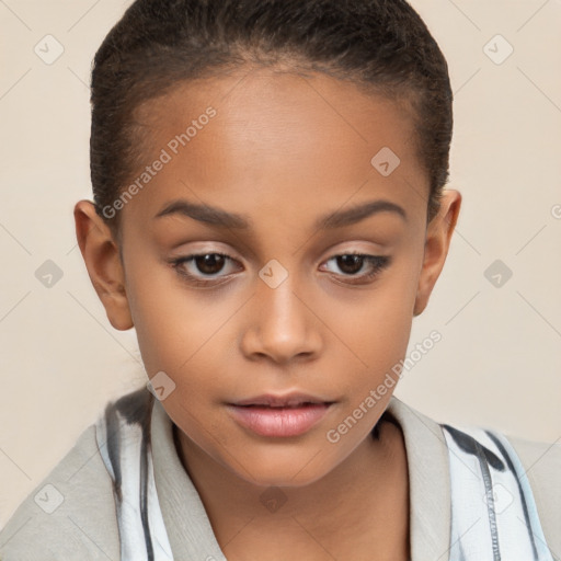 Joyful white child female with short  brown hair and brown eyes