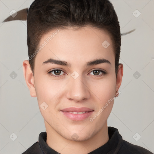 Joyful white young-adult female with short  brown hair and brown eyes