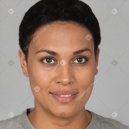 Joyful latino young-adult female with short  brown hair and brown eyes