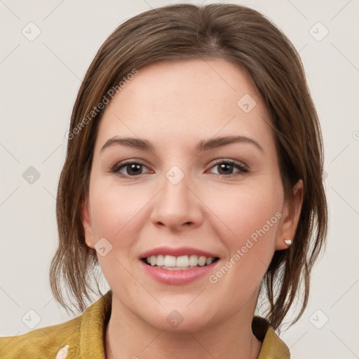 Joyful white young-adult female with medium  brown hair and brown eyes