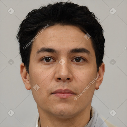 Neutral asian young-adult male with short  black hair and brown eyes