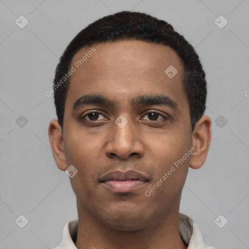 Neutral latino young-adult male with short  black hair and brown eyes