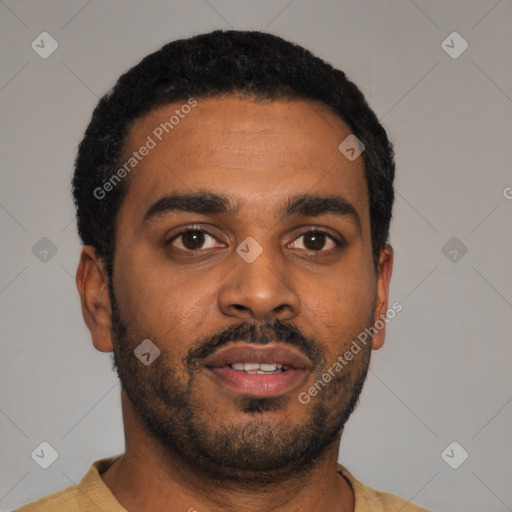 Neutral latino young-adult male with short  black hair and brown eyes