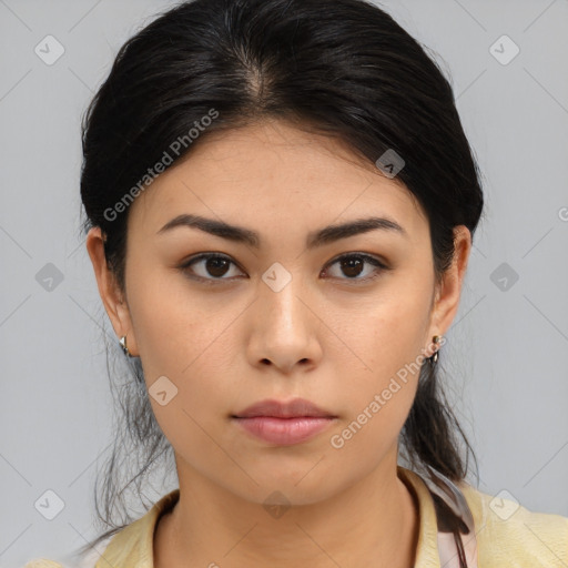 Neutral asian young-adult female with medium  brown hair and brown eyes