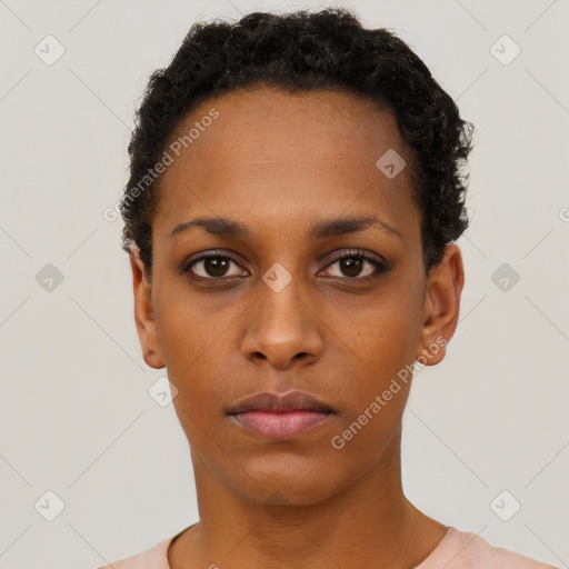 Neutral black young-adult female with short  black hair and brown eyes