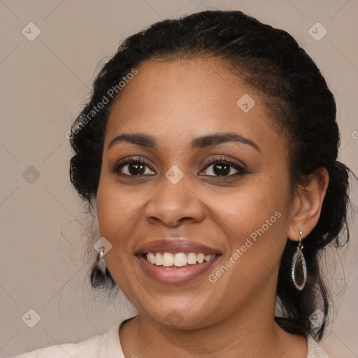 Joyful latino young-adult female with medium  black hair and brown eyes