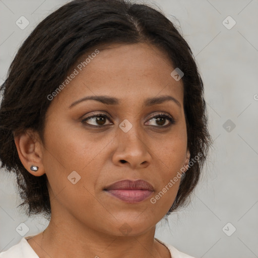 Joyful black adult female with medium  brown hair and brown eyes