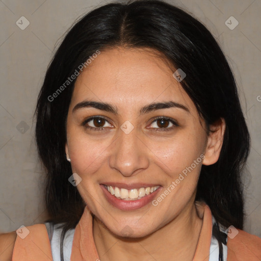 Joyful white young-adult female with medium  brown hair and brown eyes