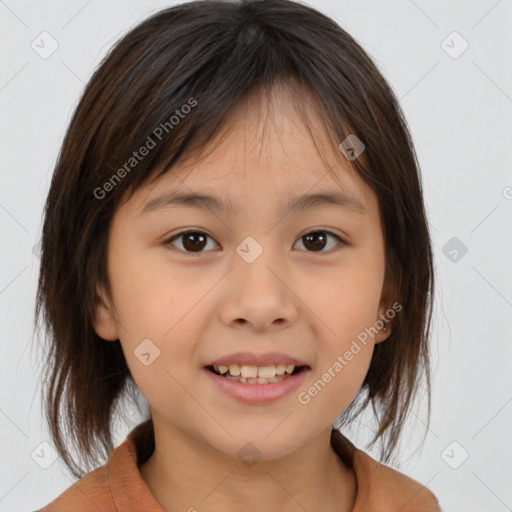 Joyful white child female with medium  brown hair and brown eyes