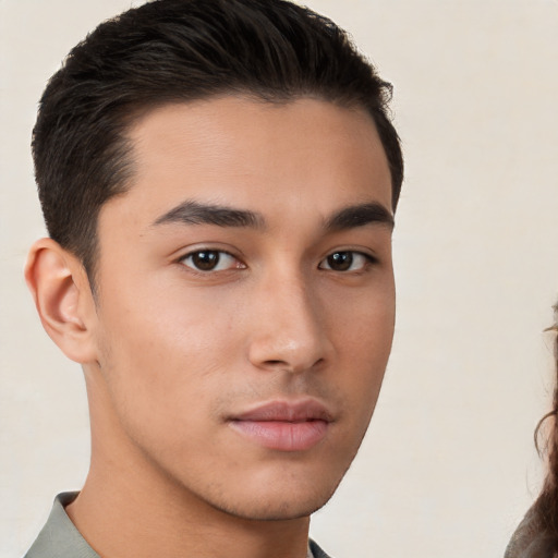 Neutral white young-adult male with short  brown hair and brown eyes